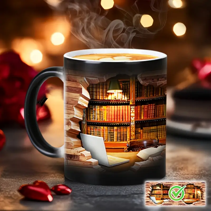 Taza mágica de cerámica con estante de libros – Biblioteca acogedora