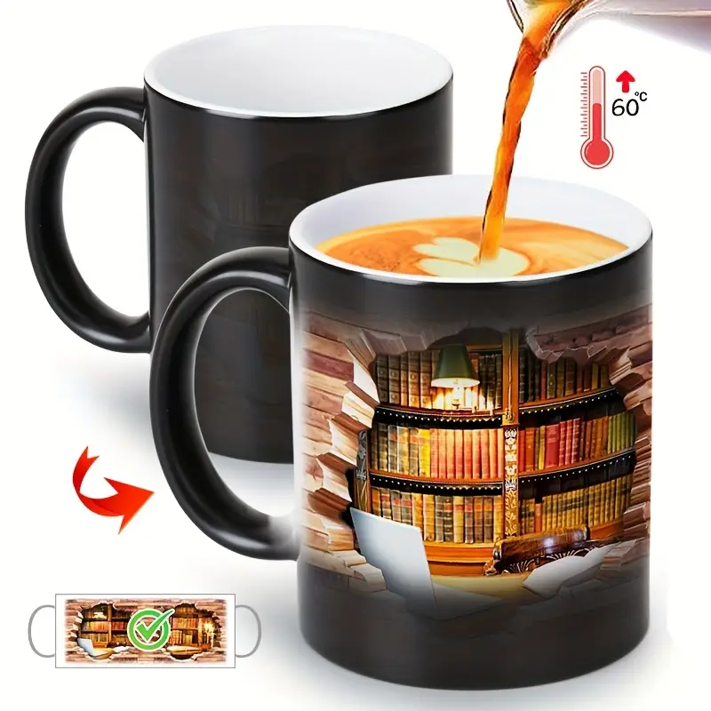 Taza mágica de cerámica con estante de libros – Biblioteca acogedora