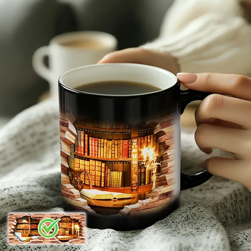 Taza mágica de cerámica con estante de libros – Biblioteca acogedora