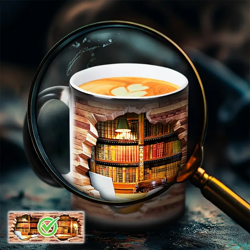 Taza mágica de cerámica con estante de libros – Biblioteca acogedora