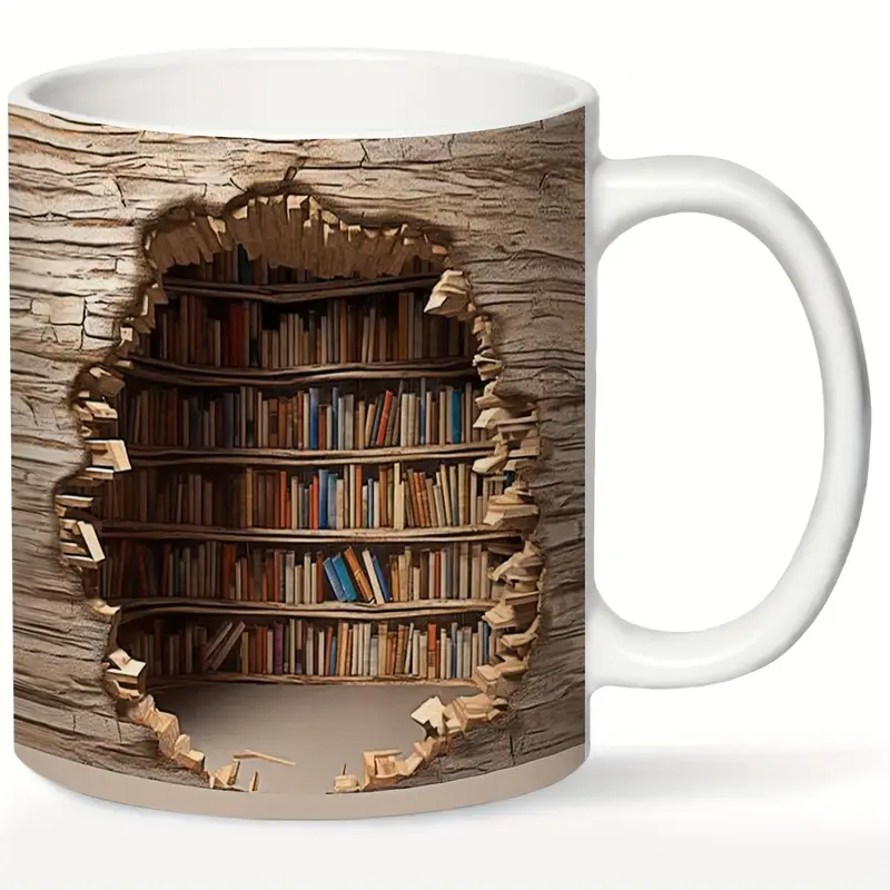 Taza mágica térmica con vista de biblioteca – Taza de café con estante de libros que desaparece
