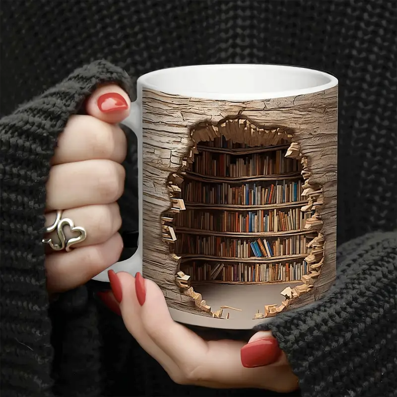 Taza mágica térmica con vista de biblioteca – Taza de café con estante de libros que desaparece