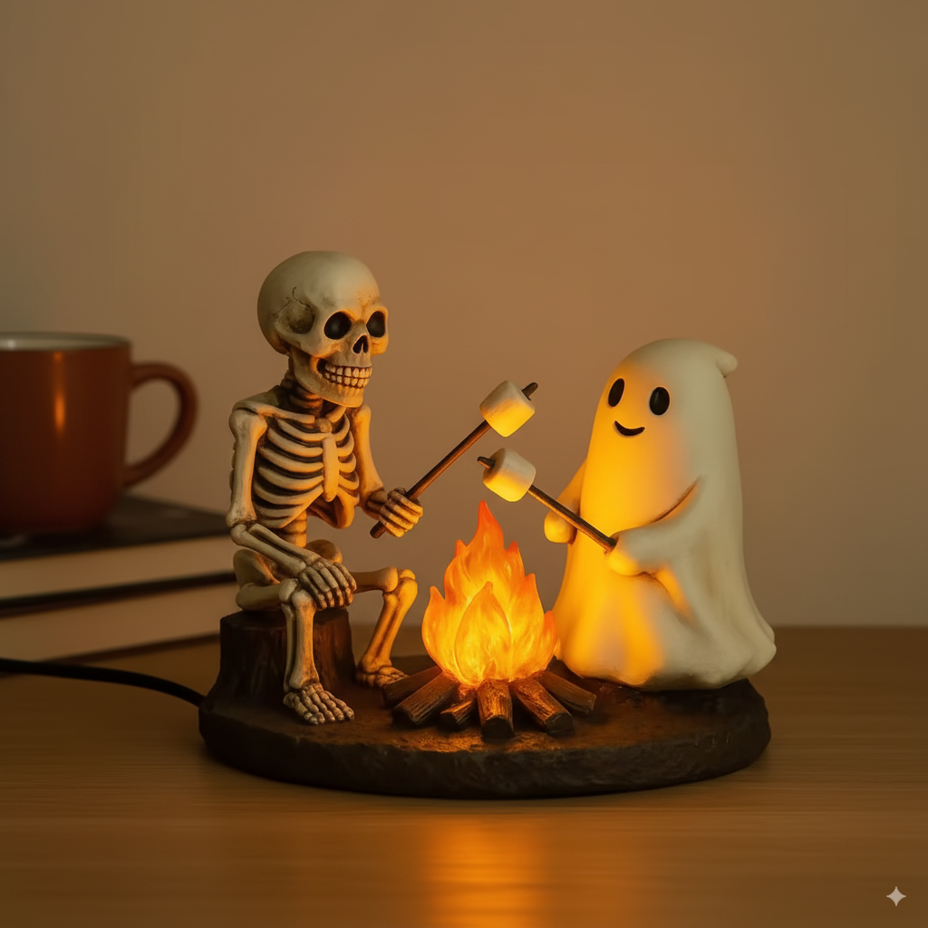 SpookFire | Luz nocturna parpadeante de campamento con esqueleto y fantasma