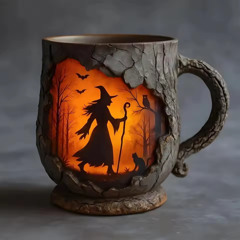 Taza divertida de Halloween 3D hecha a mano – Diseño de bruja y gato