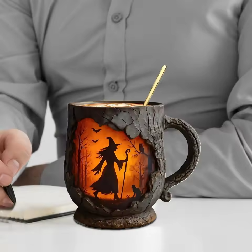 Taza divertida de Halloween 3D hecha a mano – Diseño de bruja y gato