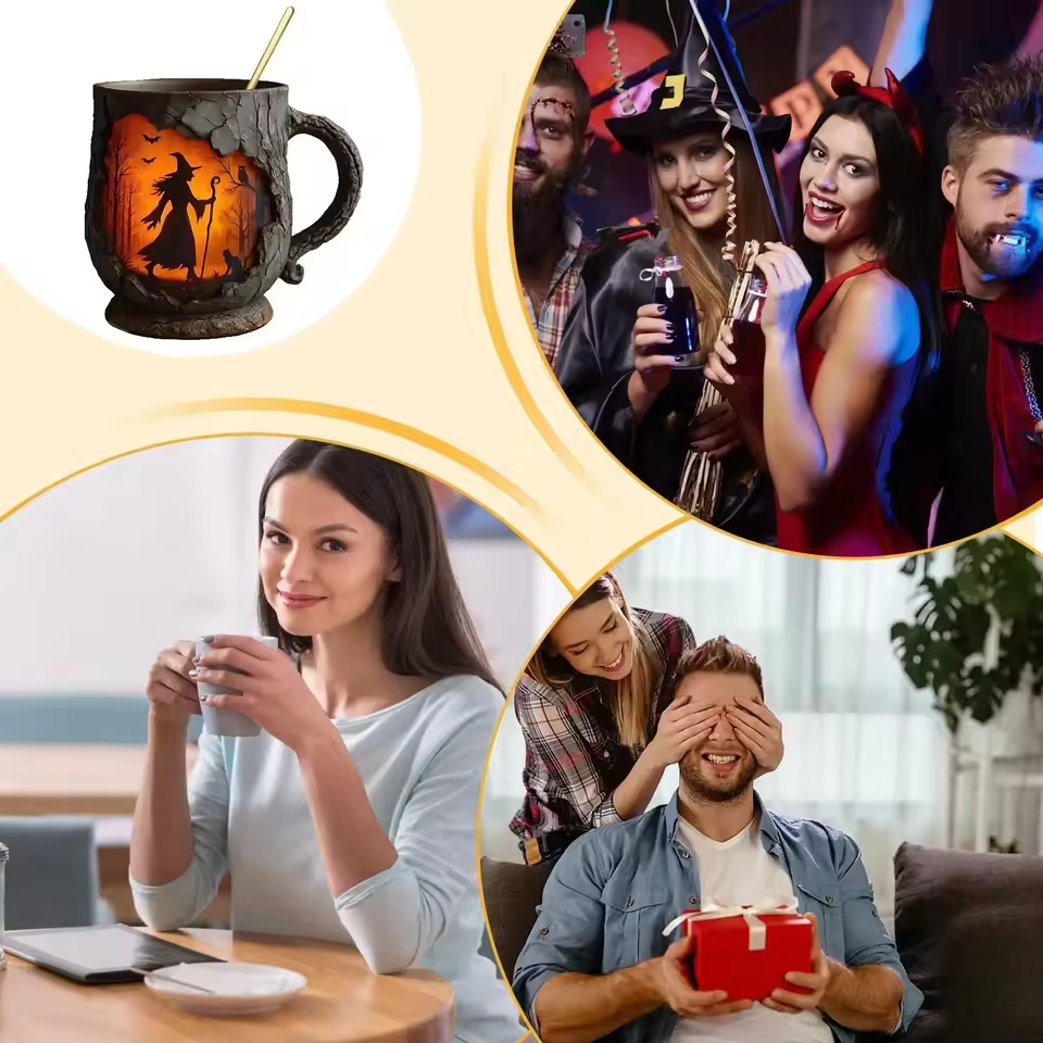 Taza divertida de Halloween 3D hecha a mano – Diseño de bruja y gato