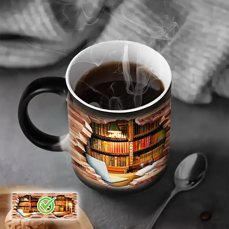 Taza mágica de cerámica con estante de libros – Biblioteca acogedora