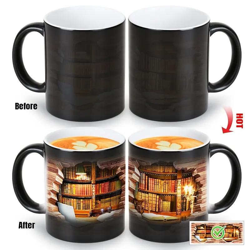 Taza mágica de cerámica con estante de libros – Biblioteca acogedora