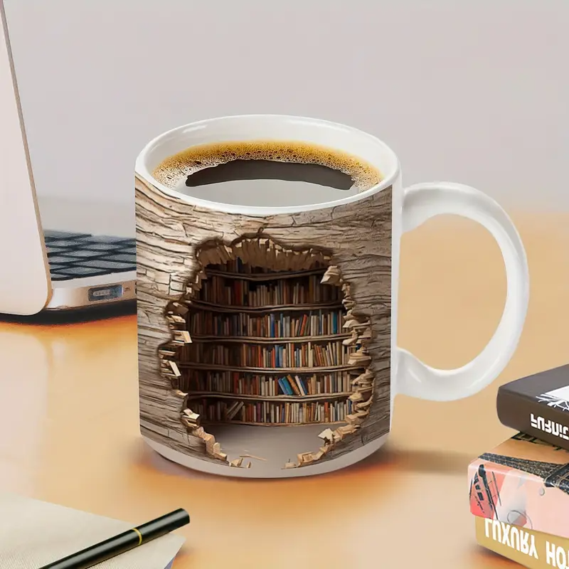 Taza mágica térmica con vista de biblioteca – Taza de café con estante de libros que desaparece