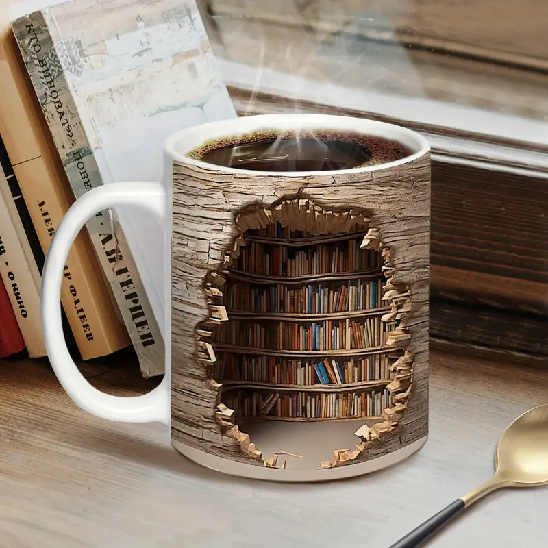 Taza mágica térmica con vista de biblioteca – Taza de café con estante de libros que desaparece