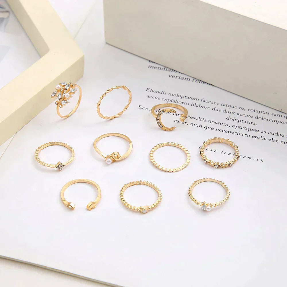 Pack de 10 anillos estilo boho en plata y dorado