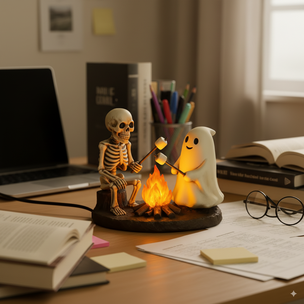 SpookFire | Luz nocturna parpadeante de campamento con esqueleto y fantasma