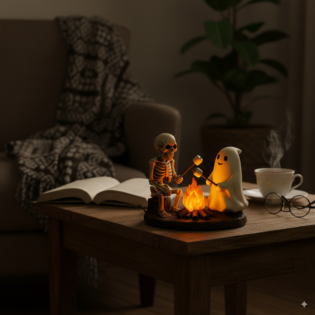 SpookFire | Luz nocturna parpadeante de campamento con esqueleto y fantasma