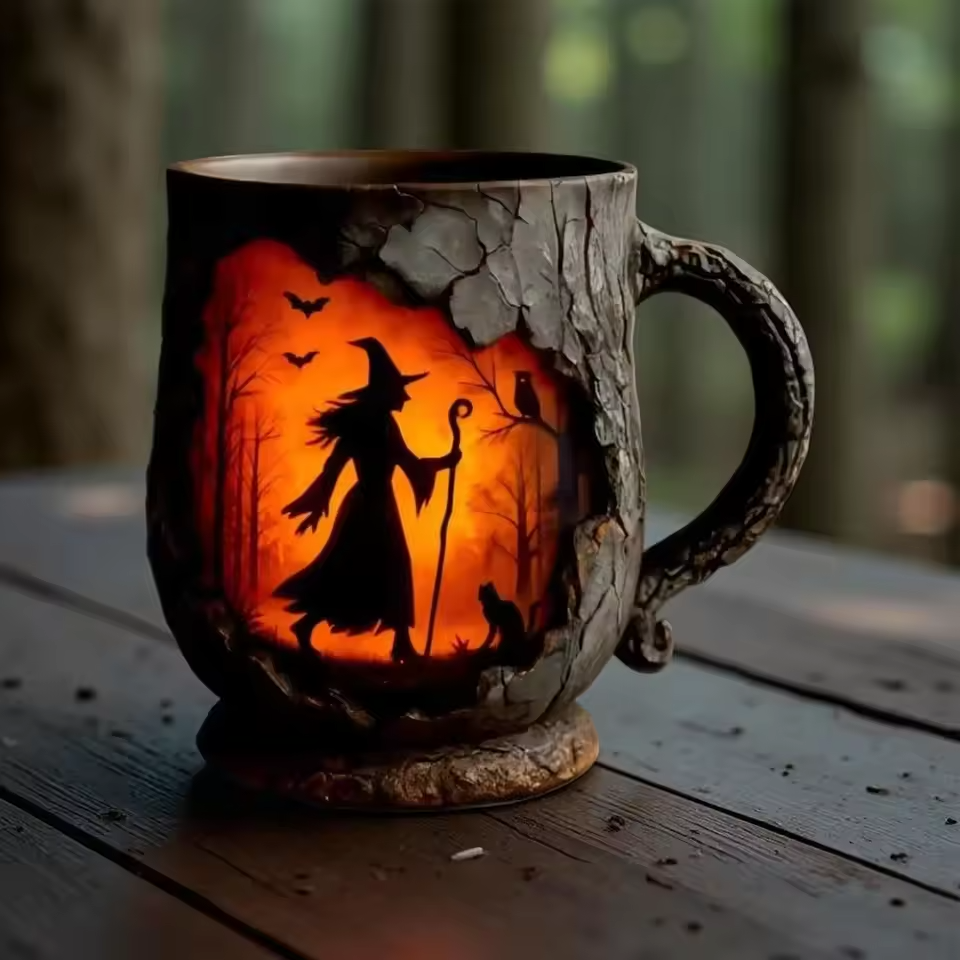 Taza divertida de Halloween 3D hecha a mano – Diseño de bruja y gato