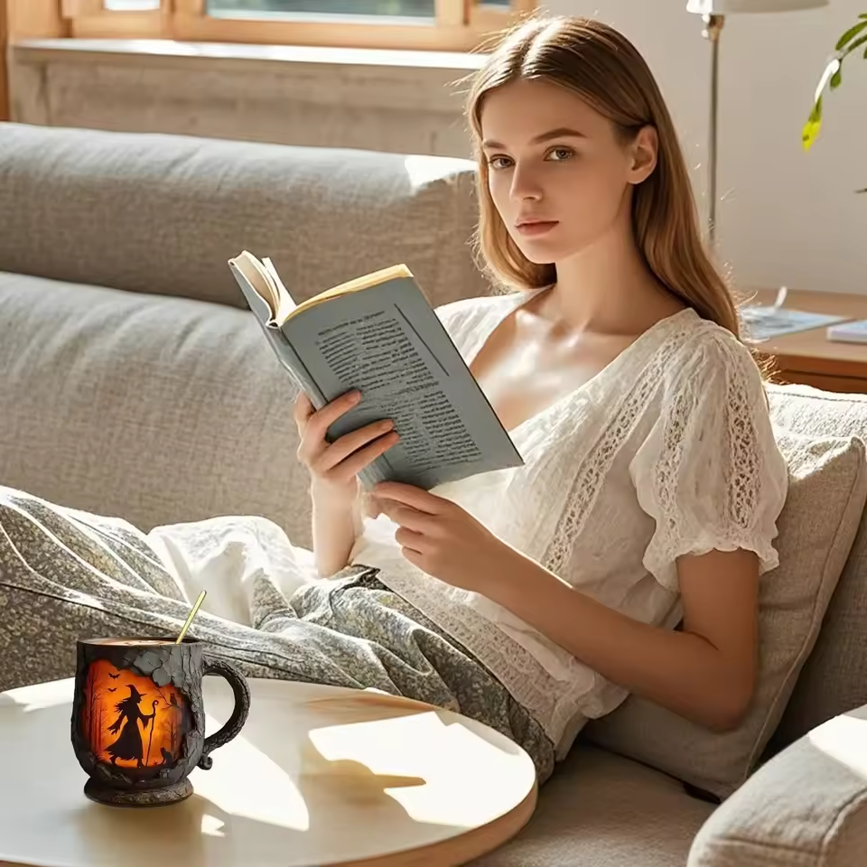 Taza divertida de Halloween 3D hecha a mano – Diseño de bruja y gato