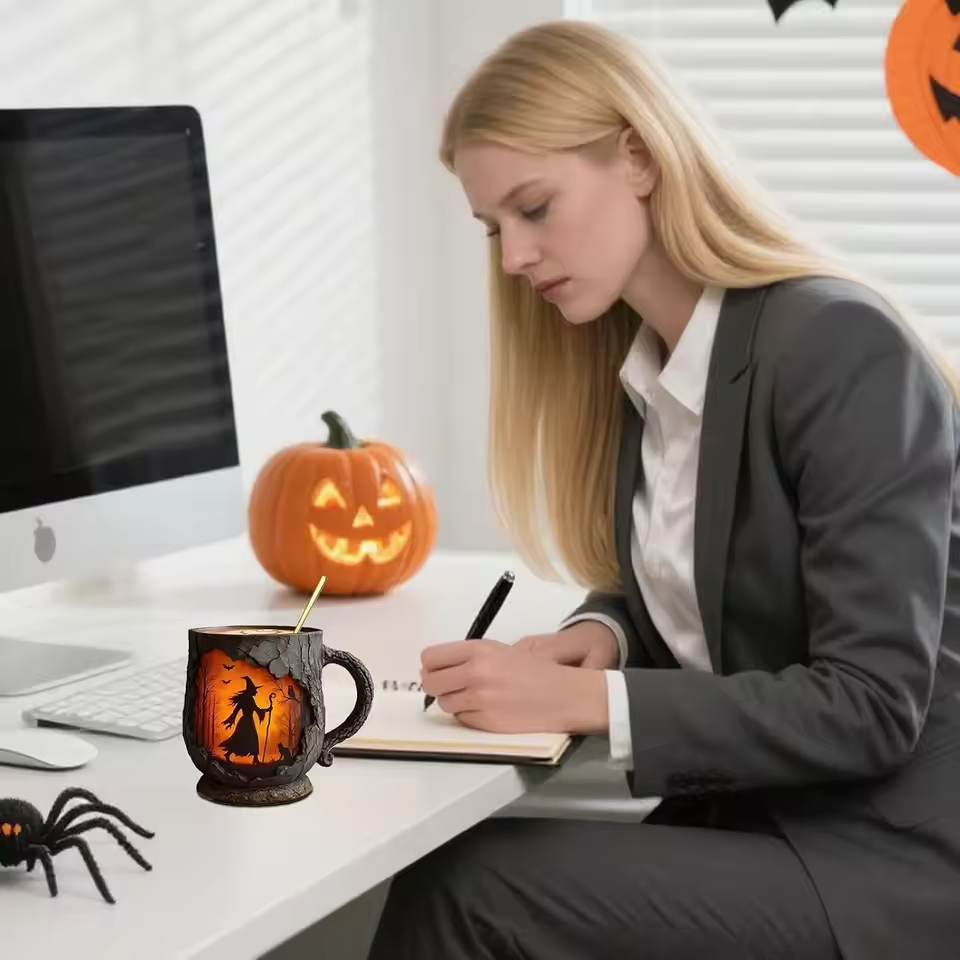 Taza divertida de Halloween 3D hecha a mano – Diseño de bruja y gato