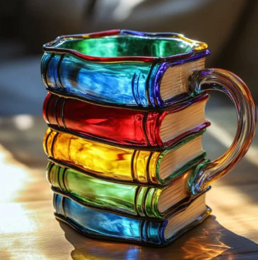 Taza de libros artesanal y colorida